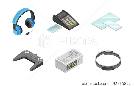 Wireless Network Communication Technology with Headset, Pos Terminal and Smartphone Isometric Vector Set 92885892