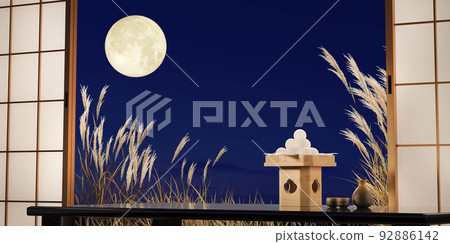 在滿月之夜裝飾的月見餃子和蒲葦/滿月、中秋、賞月的概念形象 在滿月之夜裝飾的月見餃子和蒲葦/滿月、中秋、賞月的概念形象 92886142