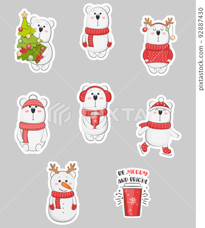 Cute polar bears sticker pack. Christmas holiday. Vector illustration. 92887430