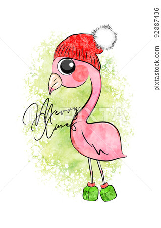 Cute pink watercolor flamingo for christmas cards. Cute pink watercolor flamingo for christmas cards. 92887436