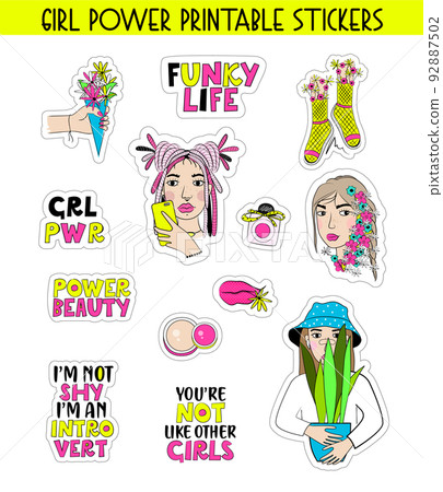 Girl power sticker pack with quotes. Vector stock illustration. Girl power sticker pack with quotes. Vector stock illustration. 92887502