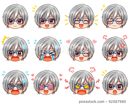 Chibi character face icon of a young man with long silver hair and glasses Chibi character face icon of a young man with long silver hair and glasses 92887980