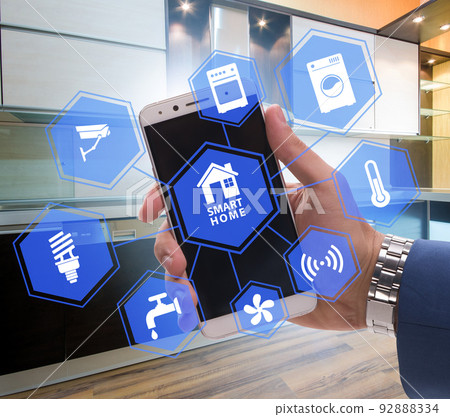 Smart home concept with devices and appliances Smart home concept with devices and appliances 92888334