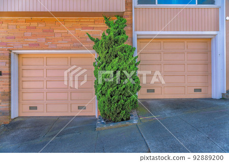 Identical garage doors of townhouses with shrub tree in the middle-San Francisco, CA 92889200