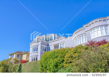 Villa exterior with purple gray walls and picture windows in San Francisco, CA Villa exterior with purple gray walls and picture windows in San Francisco, CA 92889297