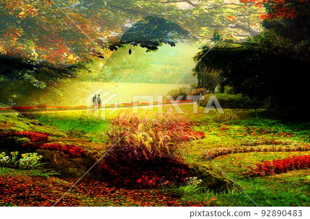 Walking through some enchanted gardens with a friends. 92890483