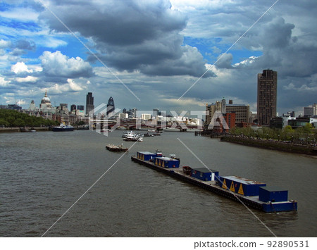 Boats moored in the middle of the Thames, London, United Kingdom. Boats moored in the middle of the Thames, London, United Kingdom. 92890531