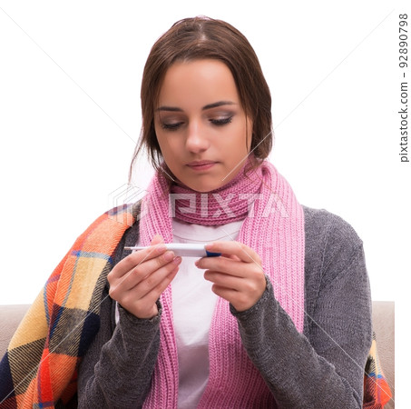 Sick woman lying on the sofa Sick woman lying on the sofa 92890798