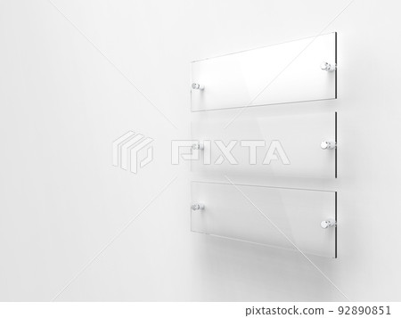 Three blank transparent glass interior corporate signage plates Mock up template, Clear boards for branding, logo. Transparent acrylic advertising signboards mock-up side view. 3D rendering Three blank transparent glass interior corporate signage plates Mock up template, Clear boards for branding, logo. Transparent acrylic advertising signboards mock-up side view. 3D rendering 92890851