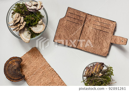 Vegan leather wallet made from mushroom mycelium, vegan bio leather samples top view, eco friendly concept 92891261