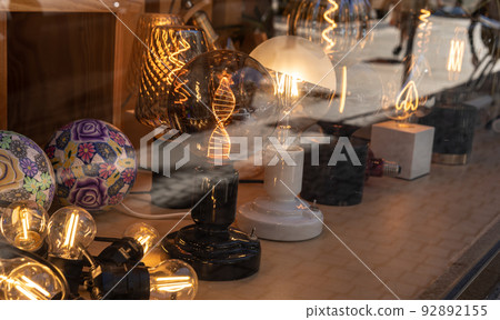 LED modern lights and bulbs on display in store lighting department. 92892155