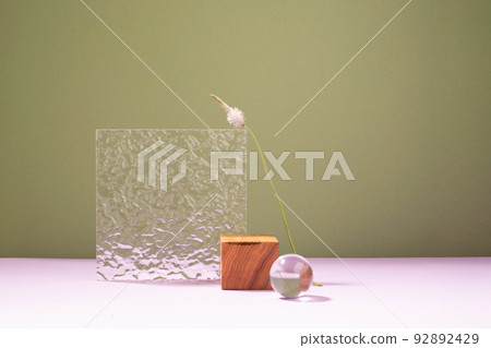 Abstract creative podium platform from various natural materials, dark green purple background 92892429