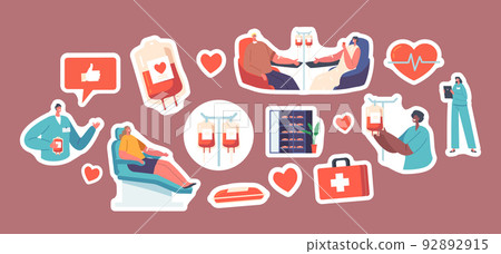 Set of Stickers Blood Donation, World Donor Day, Health Care Concept. Volunteers Characters Sitting in Medical Chairs 92892915