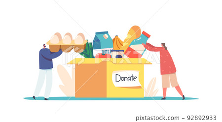 Support Social Care, Volunteering and Charity Concept. Tiny Characters Filling Cardboard Donation Box with Food 92892933