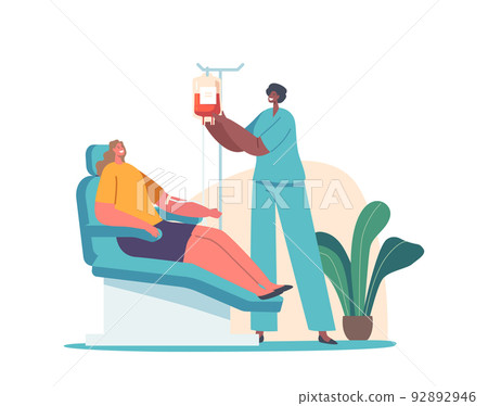 Blood Donation Concept. Female Character Donate Blood for Diseased People, Nurse Taking Lifeblood into Plastic Container 92892946