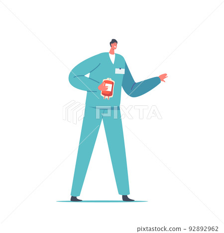Blood Donation, Medical Plasma Transfusion, Healthcare. Male Character in Medical Uniform Holding Plastic Container Blood Donation, Medical Plasma Transfusion, Healthcare. Male Character in Medical Uniform Holding Plastic Container 92892962