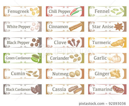 Curry spice label material using watercolor illustrations. Vector illustration. 92893036