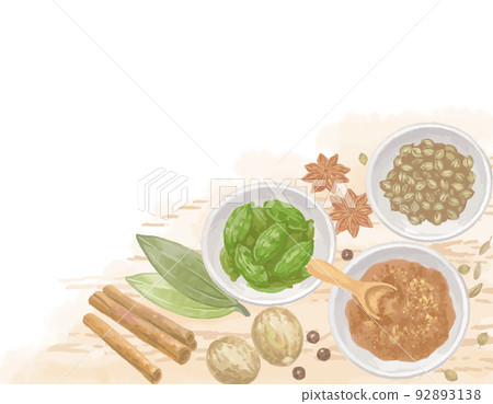 水彩風格，插圖材料與 garam masala（咖哩混合香料）的圖像在盤子裡。向量。 92893138