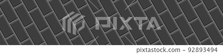 Black rectangle tile diagonal arrangement. Ceramic kitchen backsplash, bathroom floor seamless pattern. Stone brick wall background. Indoor or outdoor decoration 92893494