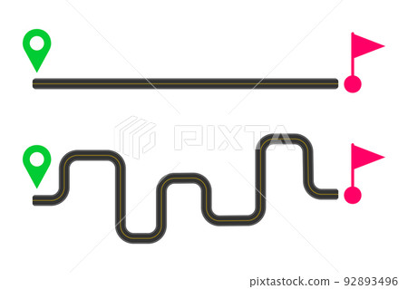 Straight and curved roads with markup from start map pin to finish flag sign. Easy and hard way, fast and slow delivery, short and long path, ideal and real plan concept Straight and curved roads with markup from start map pin to finish flag sign. Easy and hard way, fast and slow delivery, short and long path, ideal and real plan concept 92893496