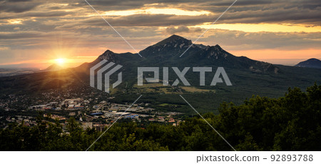 Landscape of Pyatigorsk at sunset, view of city of Beshtau Mount background, Russia Landscape of Pyatigorsk at sunset, view of city of Beshtau Mount background, Russia 92893788