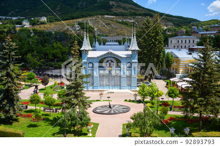 Park Flower Garden in Pyatigorsk, Russia. Scenic view of Lermontov Gallery, historical landmark installed in 1901 92893793