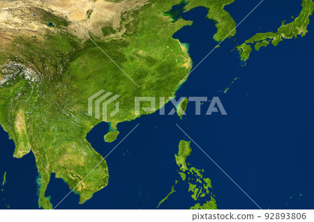 East Asia map in satellite photo, China and Taiwan in center. Elements of image furnished by NASA. 92893806