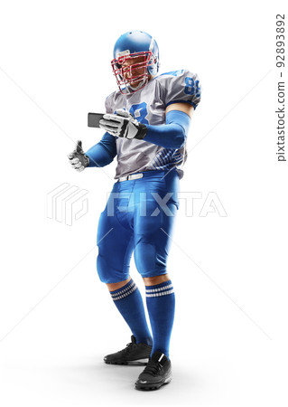 Football player looking at phone. Sports emotions. Sport. Isolated on white background 92893892
