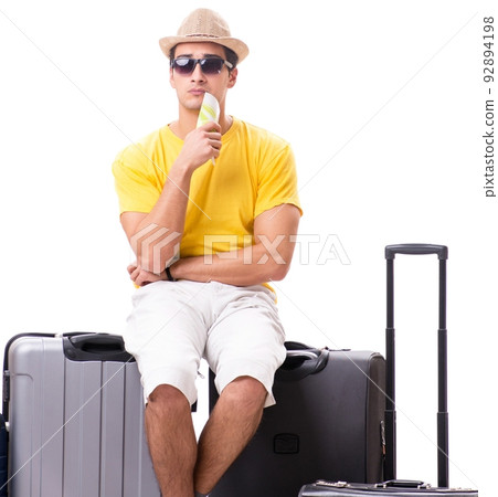 Happy young man going on summer vacation isolated on white Happy young man going on summer vacation isolated on white 92894198