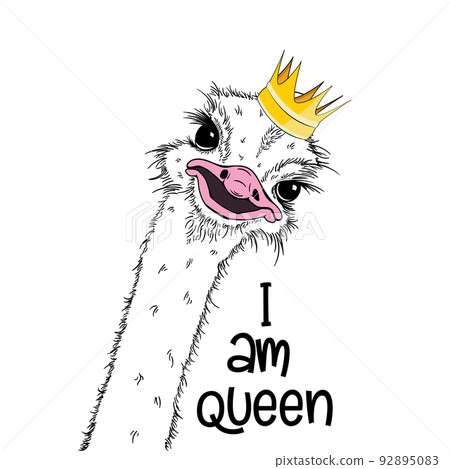 Portrait of a three Funny Ostrich queen wiht crown . Humor card, t-shirt composition, hand drawn style print. Vector illustration. 92895083