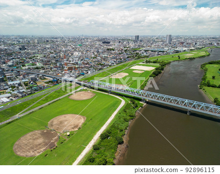 Aerial view "Chiba Prefecture" Matsudo City looking upstream from near Yagiri Edogawa 92896115