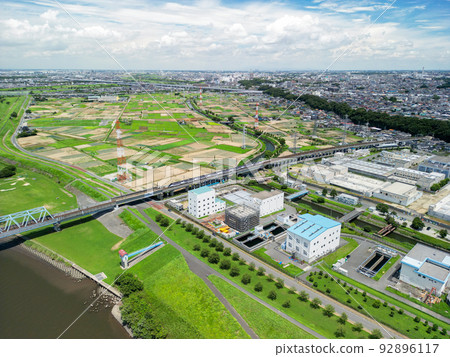 Aerial view "Chiba Prefecture" Matsudo City looking upstream from near Yagiri Edogawa 92896117