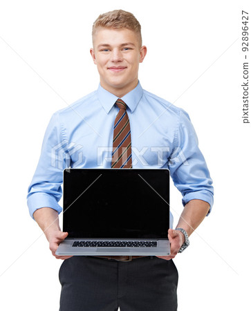 Invaluable to any aspiring businessman. A handsome young businessman holding a laptop open for you while isolated on white. Invaluable to any aspiring businessman. A handsome young businessman holding a laptop open for you while isolated on white. 92896427