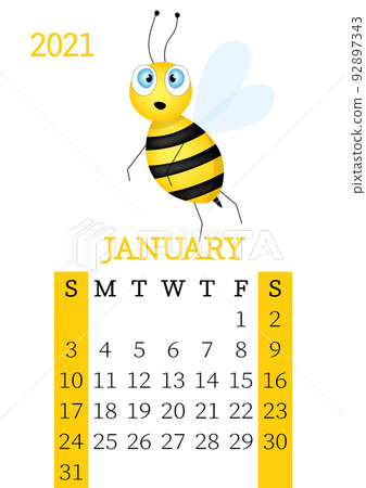 Calendar 2021. Monthly calendar for January 2021 from Sunday to Saturday. Yearly Planner. Templates with cute hand drawn bee. Vector illustration. Great for kids. Calendar page for print. 92897343