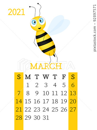 Calendar 2021. Monthly calendar for March 2021 from Sunday to Saturday. Yearly Planner. Templates with cute hand drawn bee. Vector illustration. Great for kids. Calendar page for print. 92897571
