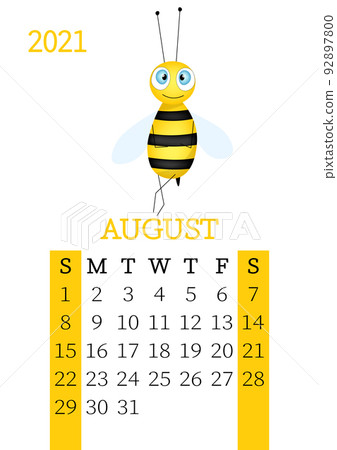 Calendar 2021. Monthly calendar for August 2021 from Sunday to Saturday. Yearly Planner. Templates with cute hand drawn bee. Vector illustration. Great for kids. Calendar page for print. 92897800