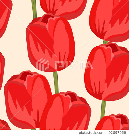 Seamless floral pattern with pink tulips. Cartoon style. Design for fabric, textile, paper. Spring colorful vector illustration, fowers with leaves. Holiday print for Birthday, 8 march Seamless floral pattern with pink tulips. Cartoon style. Design for fabric, textile, paper. Spring colorful vector illustration, fowers with leaves. Holiday print for Birthday, 8 march 92897966