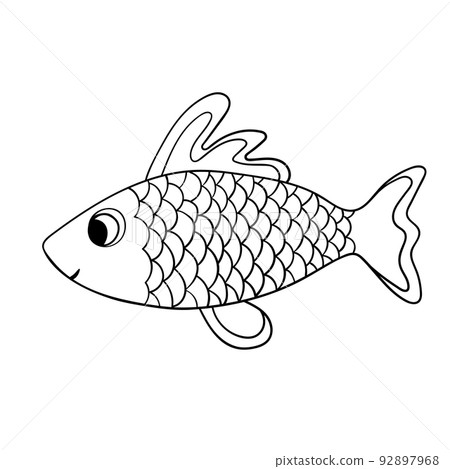 Cartoon cute fish. Hand drawing outline colouring pictures. Isolated items. Suitable for children's coloring and prints. Adorable character for card, kindergarten. Stock vector illustration. Cartoon cute fish. Hand drawing outline colouring pictures. Isolated items. Suitable for children's coloring and prints. Adorable character for card, kindergarten. Stock vector illustration. 92897968