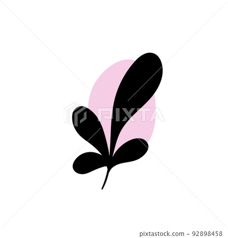 Branch with an abstract round spot. Artistic floral minimalist print. Isolated black silhouette of a plant with pastel drops. Modern watercolor shapes with leaves, acrylic ink blobs. Vector element 92898458