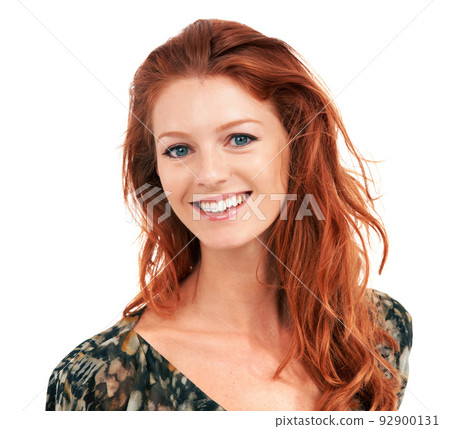 Fresh face of youthful confidence. Lovely young woman with red hair smiling happily, isolated on white - copyspace. 92900131