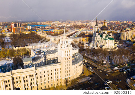 Aerial view of the Annunciation Cathedral and the tower of the Southern Railway building in city Voronezh Aerial view of the Annunciation Cathedral and the tower of the Southern Railway building in city Voronezh 92900315