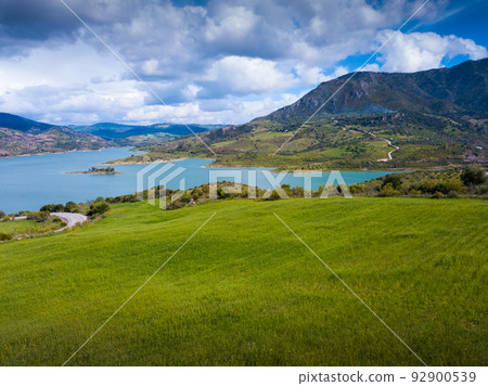 Panoramic view over Embalse de Zahara inland lake, Andalusia, Panoramic view over Embalse de Zahara inland lake, Andalusia, 92900539