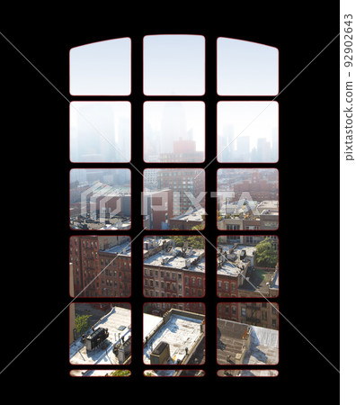 City skyline from an apartment or office window on a bright sunny day. View from inside an empty dark penthouse or hotel room with square glass windows overlooking downtown residential buildings 92902643