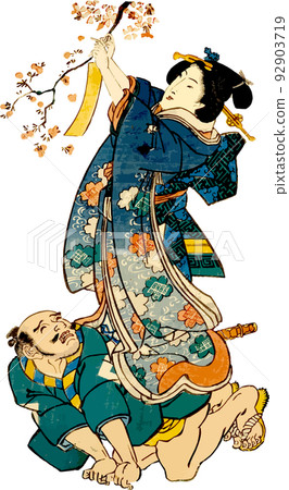 一位年輕的女士，以僕人為墊腳石，將一條紙條系在櫻花樹枝上。 92903719