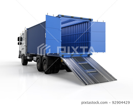 Logistic trailer truck or lorry with container open on white background Logistic trailer truck or lorry with container open on white background 92904429