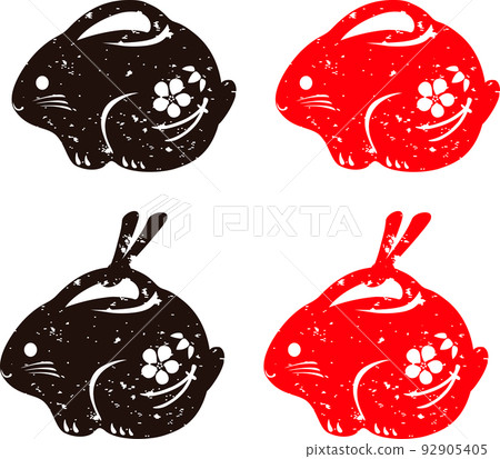 New Year's greetings 2023 New Year's card material Rabbit Rabbit Earthen bell Hanko Print New Year Japanese style cute illustration set 92905405