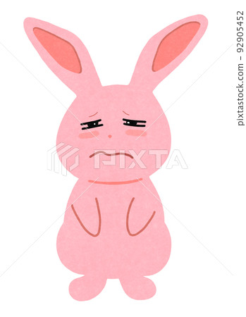 Illustration of a rabbit with a sleepy face Outline = partly solid line & color Pink rabbit 92905452