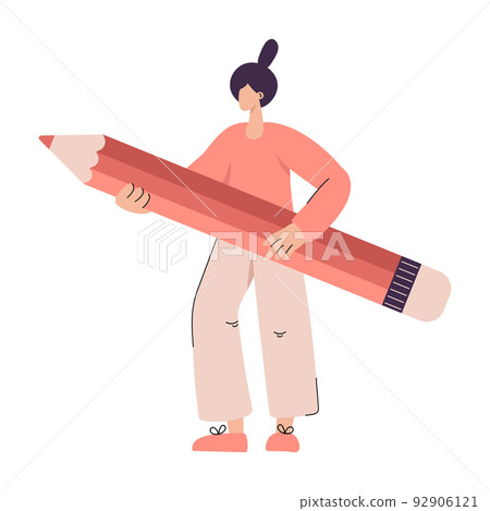 Vector cute flat woman artist with pensil for draw writer. Flat simple girl education illustration for web template, landing page Vector cute flat woman artist with pensil for draw writer. Flat simple girl education illustration for web template, landing page 92906121