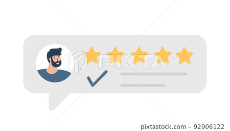 Man satisfied customer give rating 5 stars. People feedback vector illustration by giving 5 star rating. Flat online shopping with give 5 rating and review Man satisfied customer give rating 5 stars. People feedback vector illustration by giving 5 star rating. Flat online shopping with give 5 rating and review 92906122