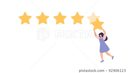 Woman satisfied customer give rating 5 stars. People feedback vector illustration by giving 5 star rating. Flat online shopping with give 5 rating and review 92906123